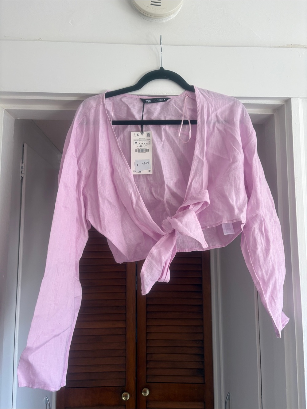 ZARA Light Pink Tie-Front Long Sleeve Crop Blouse